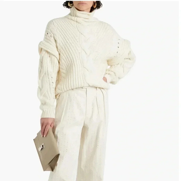 IRO PARIS NWT Yris Ecru Chunky Cable Knit Turtleneck Sweater Wool S - Picture 6 of 15